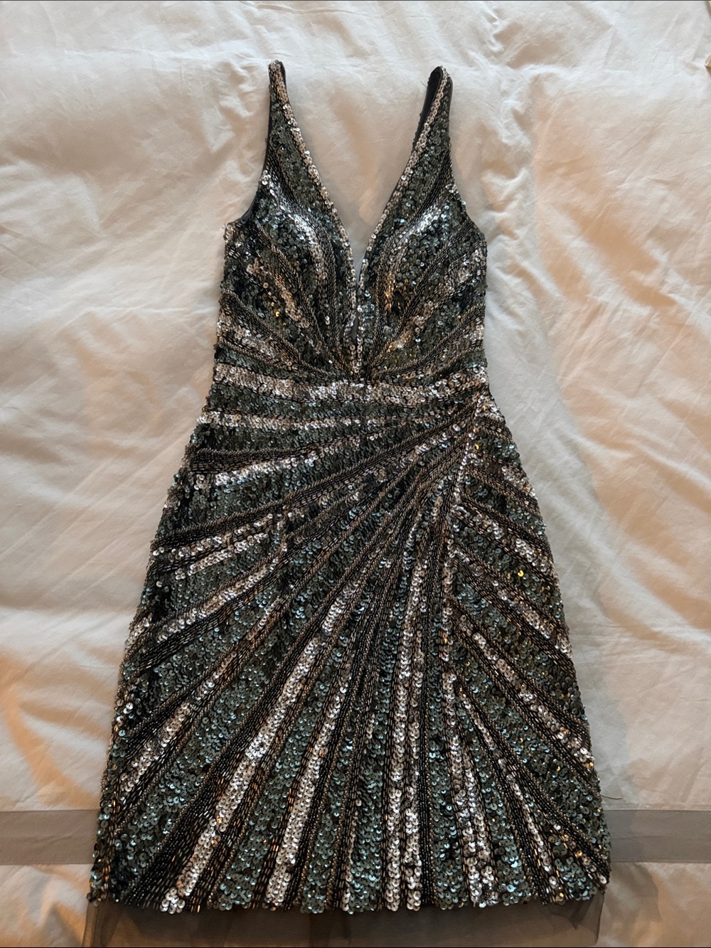 Jovani Silver Sequin V-Neck Cocktail Dress
